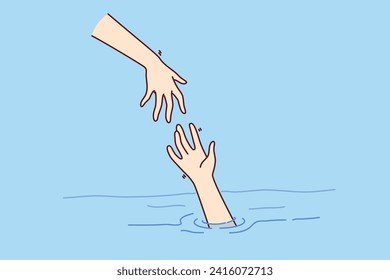 Savior hand helps drowning man get out of water, for concept getting into trouble and importance of helping those in need. Drowning person raises palm as metaphor for business bankruptcy or job loss