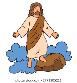 Savior rising above blue clouds into the divine celestial realm
