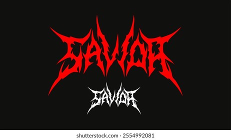 SAVIOR, typography vector in a striking and intense dark red metal font style for t-shirt print apparel, sticker, poster, logo metal and more