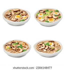 Savor the Essence of Ramen: A 3D Masterpiece for Fast-Food Menus. Take your delivery business to new heights with a captivating 3D vector graphic, showcasing four mouthwatering ramen variations that 