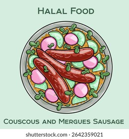 Savor our halal couscous paired with flavorful merguez sausage, a delightful blend of spices and tradition in every bite.