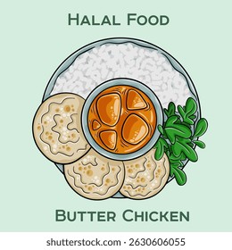 Savory Butter Chicken prepared according to Halal standards, featuring tender chicken pieces in a rich, creamy tomato sauce with aromatic spices.