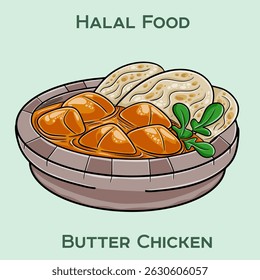 Savory Butter Chicken prepared according to Halal standards, featuring tender chicken pieces in a rich, creamy tomato sauce with aromatic spices.