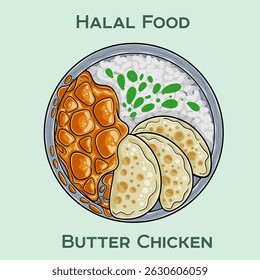 Savory Butter Chicken prepared according to Halal standards, featuring tender chicken pieces in a rich, creamy tomato sauce with aromatic spices.