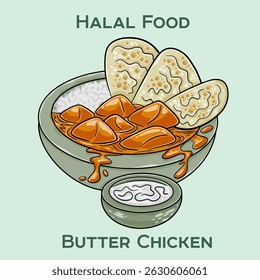 Savory Butter Chicken prepared according to Halal standards, featuring tender chicken pieces in a rich, creamy tomato sauce with aromatic spices.