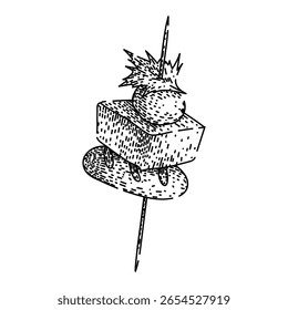 saboroso canape desenhado à mão. festa bitesized, lanche topping, base pão saboroso canape vetor esboço. ilustração preta isolada