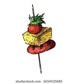 Dibujado a mano de canape salado. fiesta de tamaño pequeño, cobertura de bocadillos, croquis de Vector de canape salado de pan de base. ilustración a color aislada