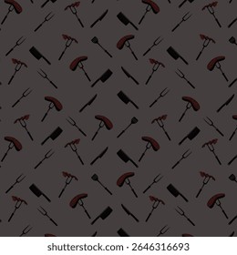 A savory, continuous vector pattern showcasing essential BBQ utensils and tempting grilled food items.