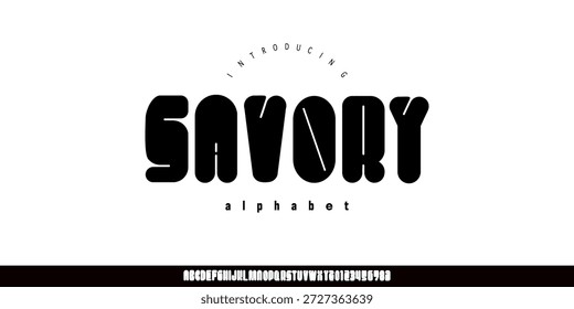 Savory Font es un audaz, redondeado, retro, moderno, juguetón, suave, grueso, suave, logotipo, pantalla, cartel, marca, titular, funky, creativo, burbuja, lindo, amigable, de moda, grueso