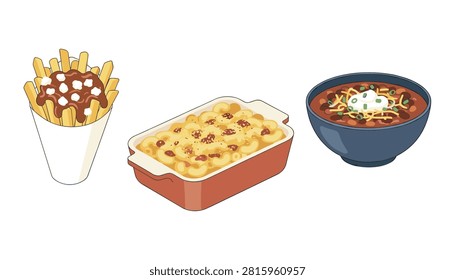 Savory food selection featuring a bowl of poutine, cheesy baked pasta, and a bowl of hearty chili.