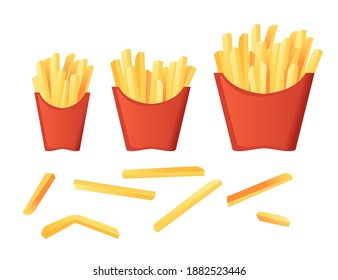 Savory french fries in different size red paper boxes fast food meal flat vector illustration isolated on white background