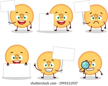 Savory pie cartoon character bring information board. Vector illustration