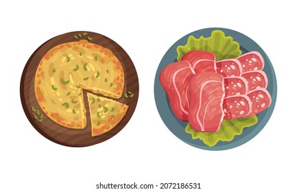 Savory Pie And Cold Meat Slices On Plate With Lettuce Leaf As Served Spanish Cuisine Dish Above View Vector Set