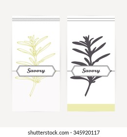 Savory seasoning. Hand drawn branch with leaves in outline and silhouette style. Spicy herbs retro labels collection for food packaging or kitchen design. Vector illustration