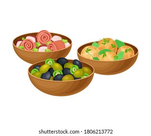Savory Spanish Snacks with Olives, Sliced Ham and Pepper Served in Bowls Vector Illustration