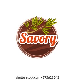 Savory Spice. Decorative Vector Illustration. Stickers with wooden texture and names of spices