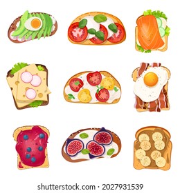 Savory and sweet toast with various topping at breakfast, lunch, or snack. Pieces of white and rye bread stuffed with vegetables, fruits, fish and cheese. Vector illustration   