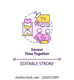 Savour time together concept icon. How to save relationship abstract idea thin line illustration. Married couple. Isolated outline drawing. Editable stroke. Arial, Myriad Pro-Bold fonts used