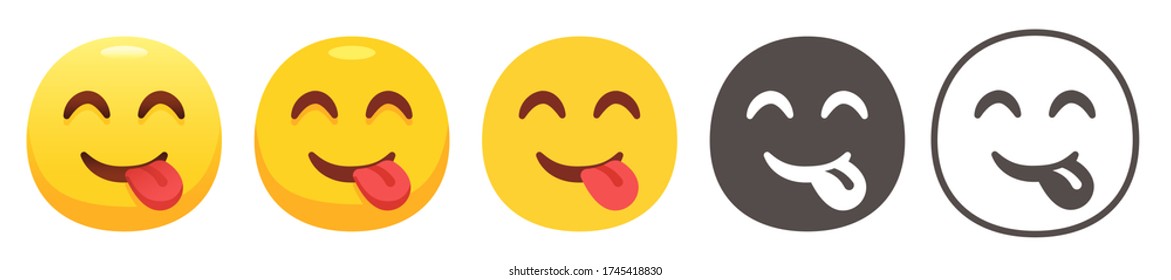 Savouring Delicious Food Emoji. Yellow Face With Smiling Eyes, Closed Smile And Tongue Sticking Out. Yummy Emoticon Flat Vector Icon Set