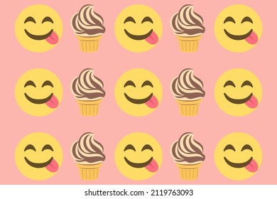 Savouring Delicious Food Faces And Soft Ice Cream,emoji Pattern On Pink Background,vector Illustration