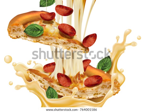 おいしいペパロニピザ トッピングの入ったピザのスライス ささらさらと飛び散るチーズ 3dイラスト のベクター画像素材 ロイヤリティフリー
