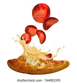 Savoury pepperoni pizza with toppings flying out from it isolated on white background, 3d illustration