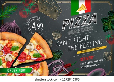 Savoury pizza ads with 3d illustration rich toppings dough on engraved style chalk doodle background