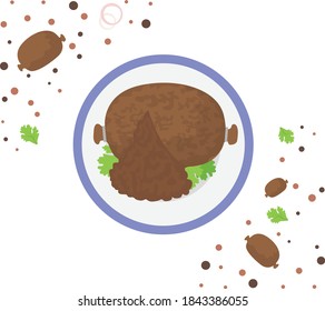 Savoury Pudding Vector Icon Design, National Dish of Scotland Sign, Traditional cuisine Symbol, Gourmet food cooking with ingredients, Scottish hagese Graphic, Haggis on a platter Concept