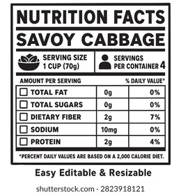savoy cabbage nutrition facts vector label template for food packaging design