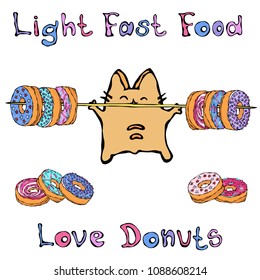 Savoyar the Cat Holding Barbell with Donuts. Love Donut. Light Fast Food. Cute Cheerful Fun Red or Ginger Kitty. Adorable Kitten with Hand Up. Cartoon Hand Drawn Illustration. Doodle Style.