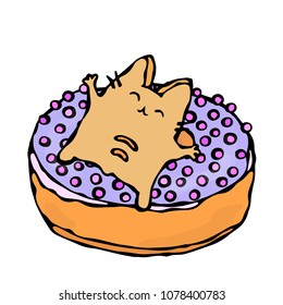 Savoyar the Cat Lying on a Donut. Love Donuts. Cute Cheerful Fun Red or Ginger Kitty with Hands Held High. Adorable Kitten with Hand Up. Cartoon Hand Drawn Illustration. Doodle Style.