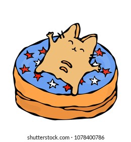 Savoyar the Cat Lying on a Donut. Love Donuts. Cute Cheerful Fun Red or Ginger Kitty with Hands Held High. Adorable Kitten with Hand Up. Cartoon Hand Drawn Illustration. Doodle Style.
