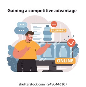 A savvy marketer confidently navigates between traditional and online advertising platforms, illustrating a dynamic approach to gaining a competitive edge in the market.