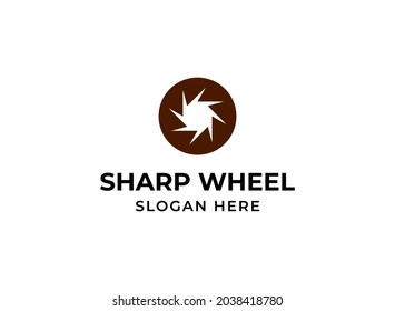 Saw abstract logo. Sharp wheel in circle logotype. Blade circular disc symbol for woodworking company