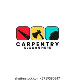 saw, axe and chainsaw with square logo design vector. Carpentry logo design vector template