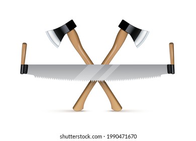 Saw and axes set. Hand tools for wood work vector illustration. New modern woodworking instruments and equipment on white background. Carpentry company logo template design.