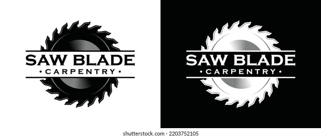 Saw blade para portador de símbolos de silueta carpintero. Logotipo vectorial del círculo retro de madera. Diseño de ilustración de Lumberjack