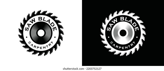 Saw blade para portador de símbolos de silueta carpintero. Logotipo vectorial del círculo retro de madera. Diseño de ilustración de Lumberjack