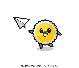 saw blade cartoon character throwing paper airplane , cute design