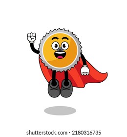 saw blade cartoon with flying superhero , character design
