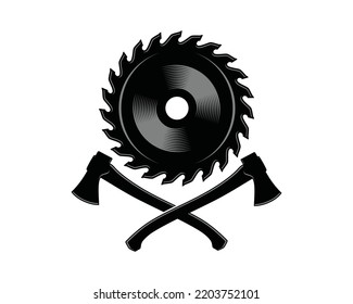 Saw blade and crossed axe for carpentry silhouette symbol icon vector. Woodworking retro vintage logo vector. Lumberjack illustration design
