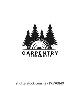 Saw blade with forest logo design vector template, carpentry logo design vector template