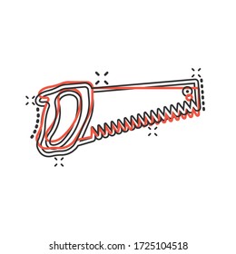 Saw blade icon in comic style. Working tools cartoon vector illustration on white isolated background. Hammer splash effect business concept.