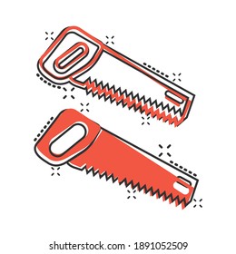 Saw blade icon in comic style. Working tools cartoon vector illustration on white isolated background. Hammer splash effect business concept.