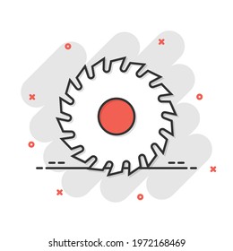 Saw blade icon in comic style. Circular machine cartoon vector illustration on white isolated background. Rotary disc splash effect business concept.