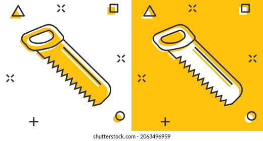 Saw blade icon in comic style. Working tools cartoon vector illustration on white isolated background. Hammer splash effect business concept.