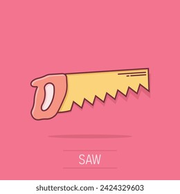 Saw blade icon in comic style. Working tools cartoon vector illustration on isolated background. Hammer splash effect business concept.