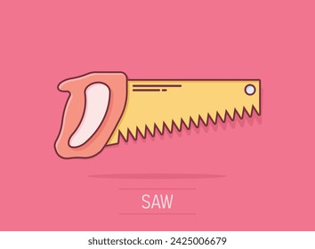Saw blade icon in comic style. Working tools cartoon vector illustration on isolated background. Hammer splash effect business concept.
