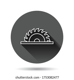 Saw blade icon in flat style. Circular machine vector illustration on black round background with long shadow effect. Rotary disc circle button business concept.