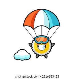 saw blade mascot cartoon is skydiving with happy gesture , cute design